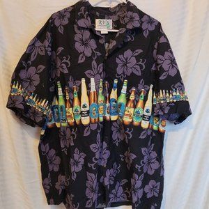 Hawaiian Shirt Beer Bottles Black Floral Ky's Made in USA Size 2XL